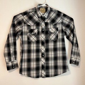 Wrangler Mens Large Gray Black Plaid Pearl Snap LS Button Up Western Shirt Top
